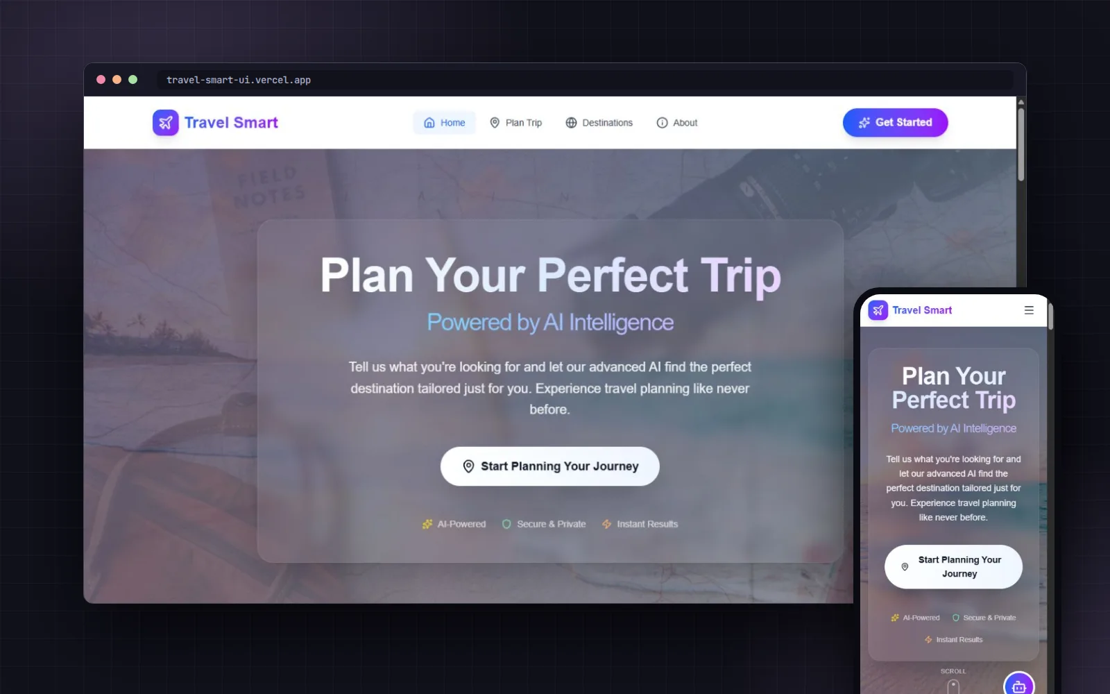 TravelSmart AI travel planner — desktop and mobile