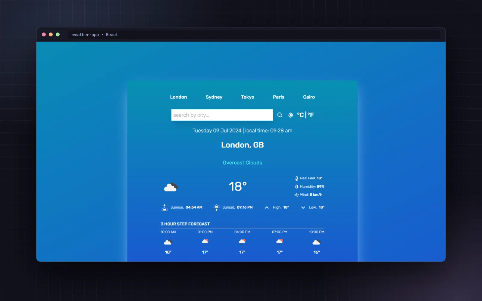React weather app showing London forecast